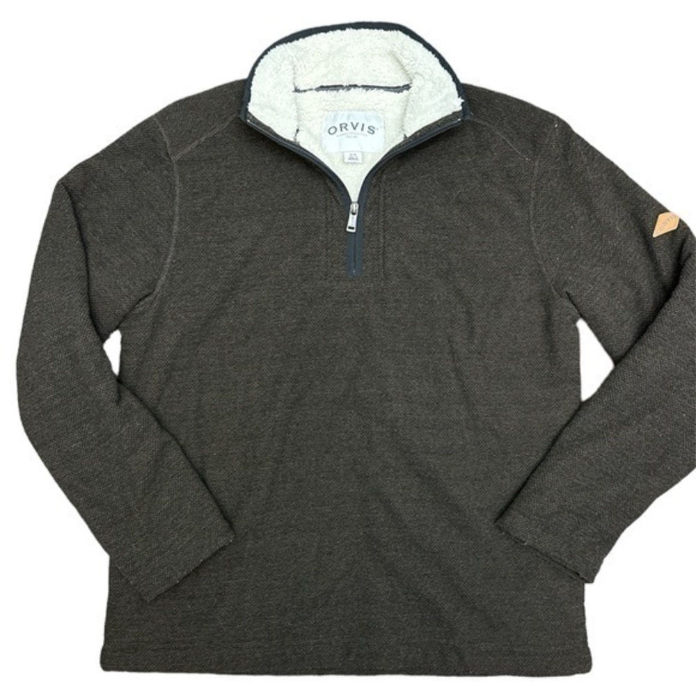 Orvis Mens 1/4 Zip Heavy Pullover Long Sleeve Sherpa Lined Knit Brown M‎